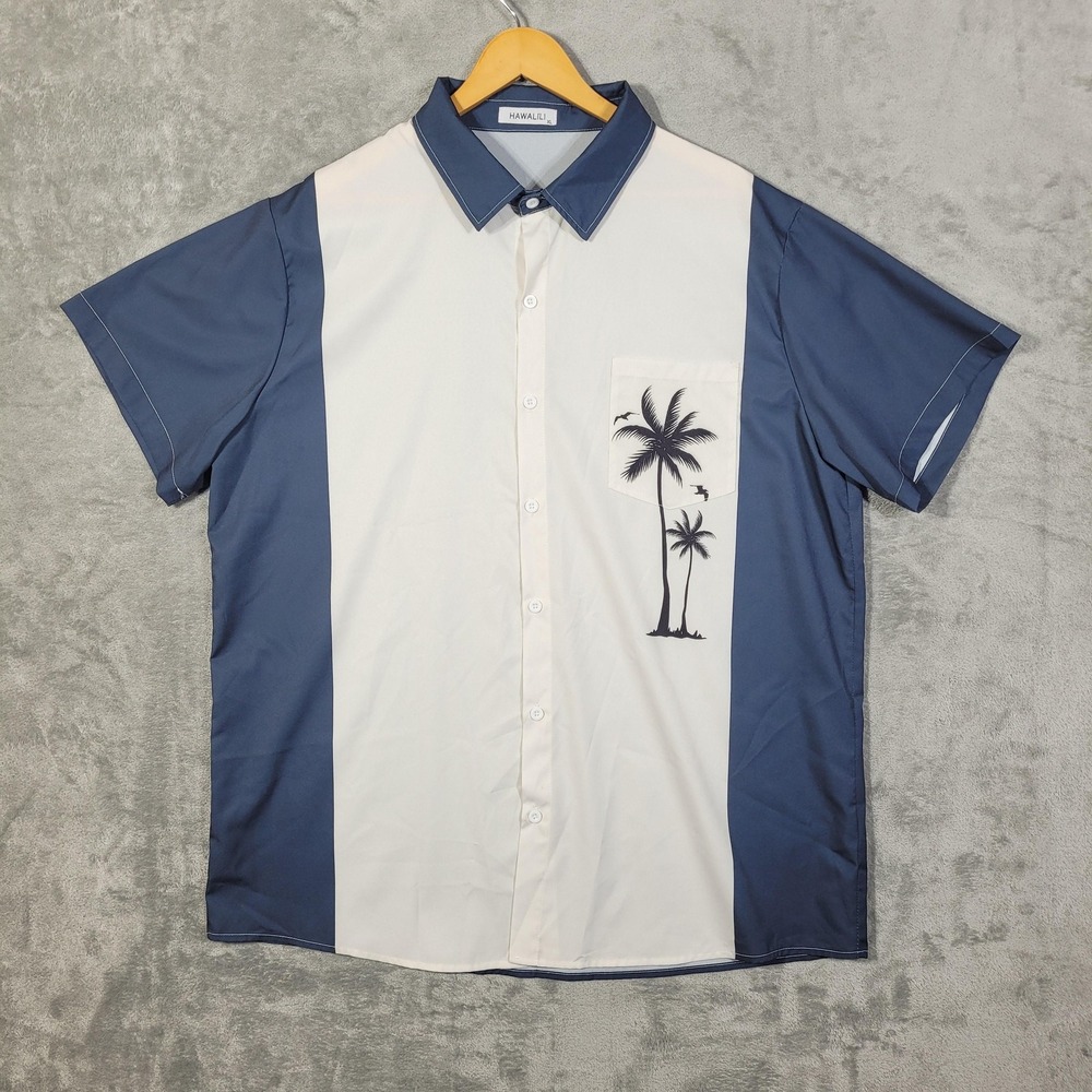 Hawalili Shirt Mens XL Blue White Palm Tree Print Button Up Short Sleeve Casual